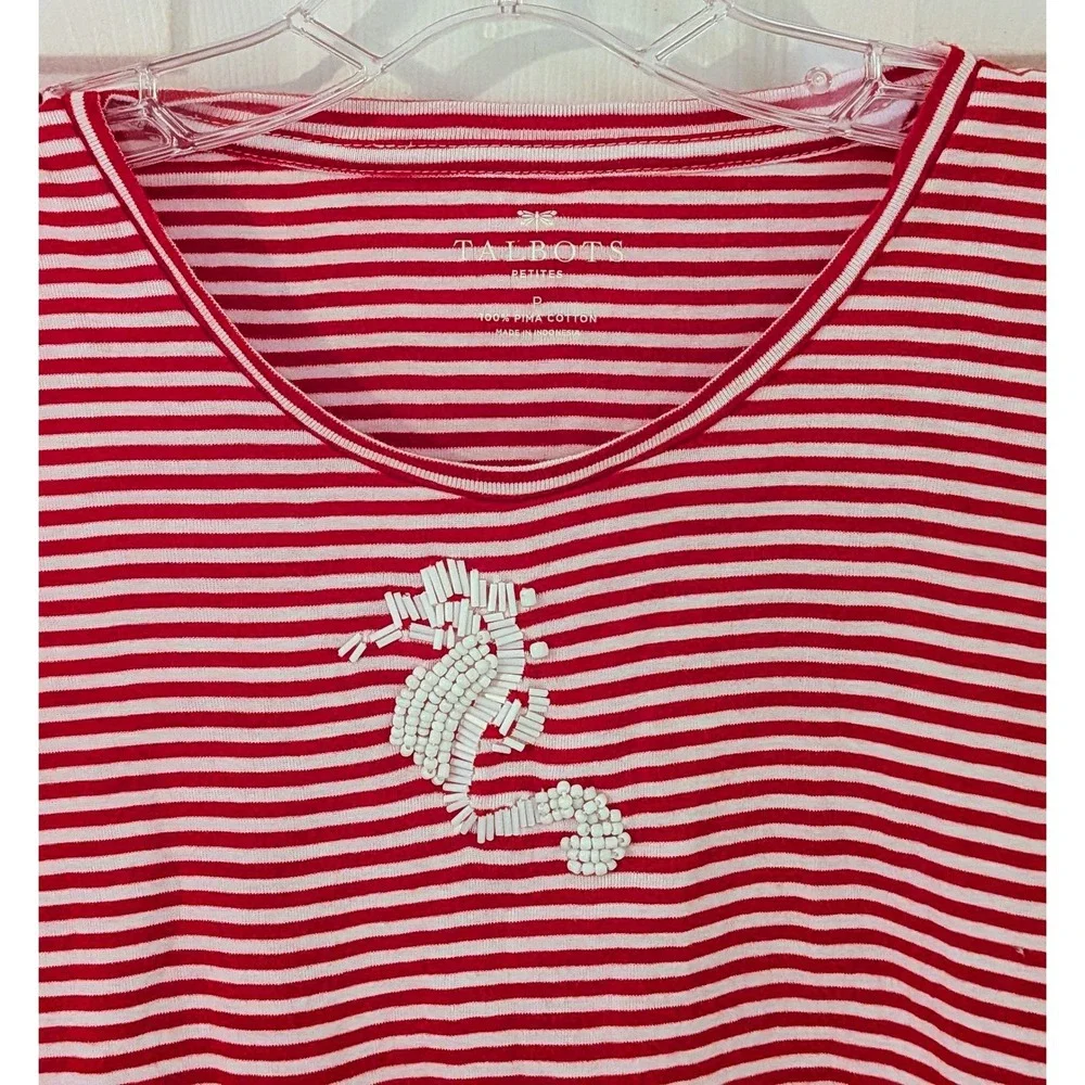 Talbots Petites Red White Striped Sequin Seahorse Nautical TShirt‎ Size P - Picture 6 of 8
